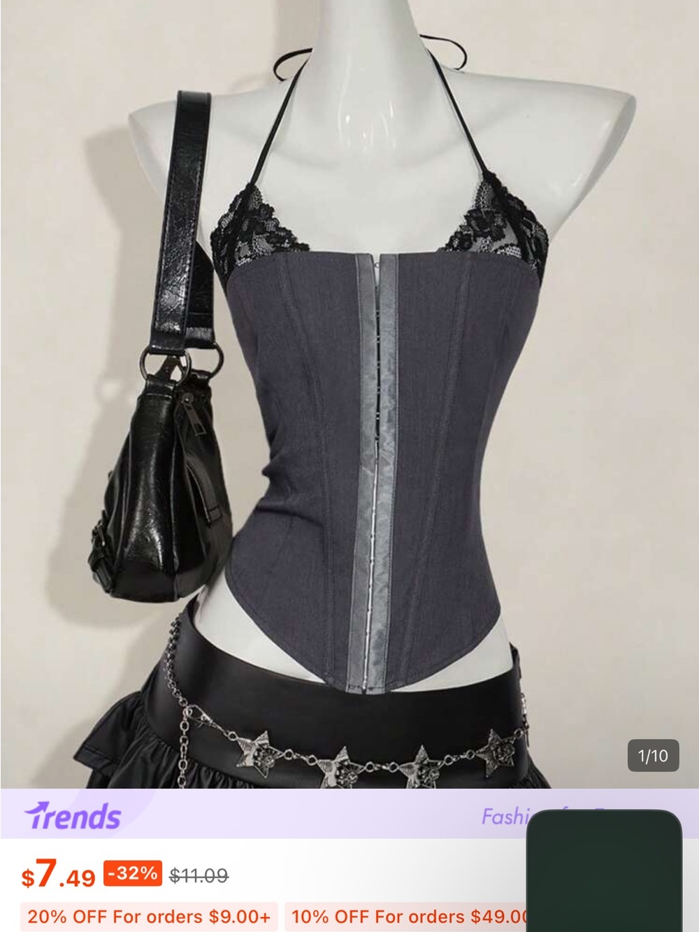 Women’s Lace-Trim Halter Corset Top in Charcoal Gray